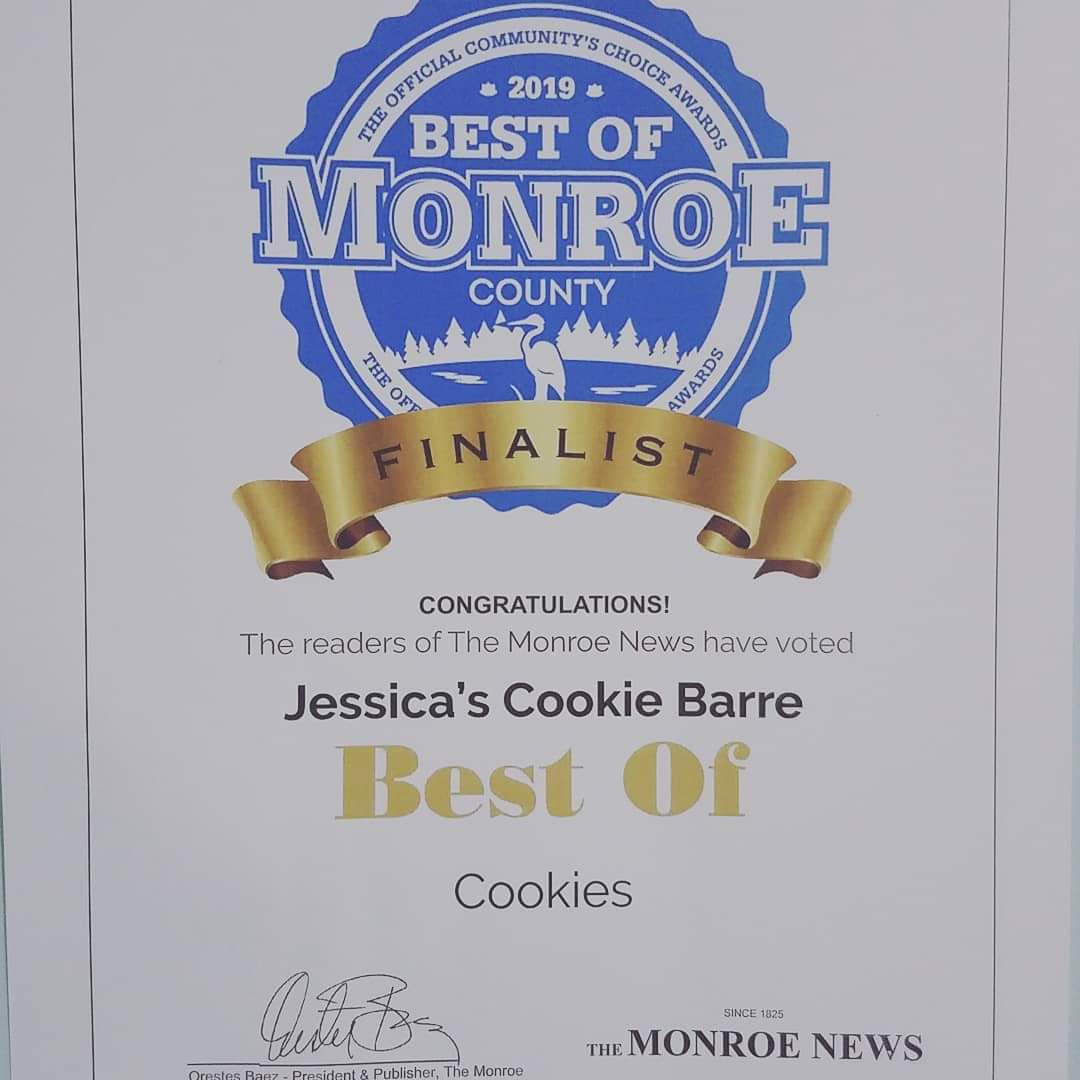 A certificate explaining The Cookie Barre as a finalist for the Best of the Best Monroe News competition.